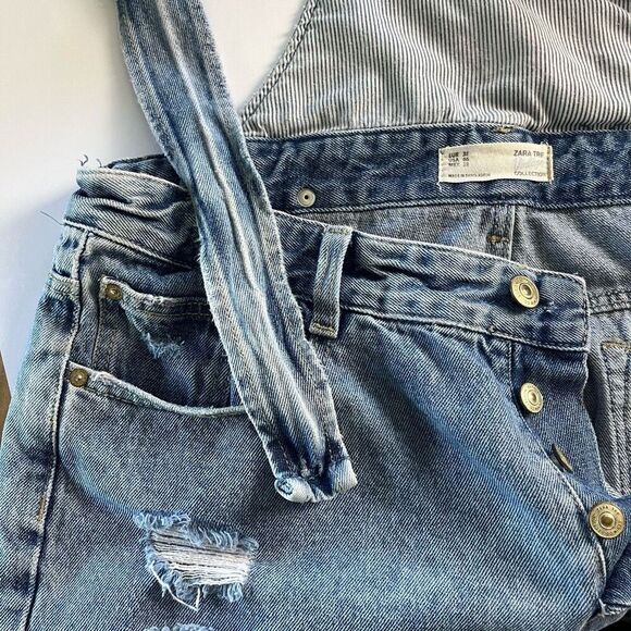 Zara Distressed Blue Denim Shortalls Size 6 Shorts Overalls Vintage Collection - Picture 5 of 13